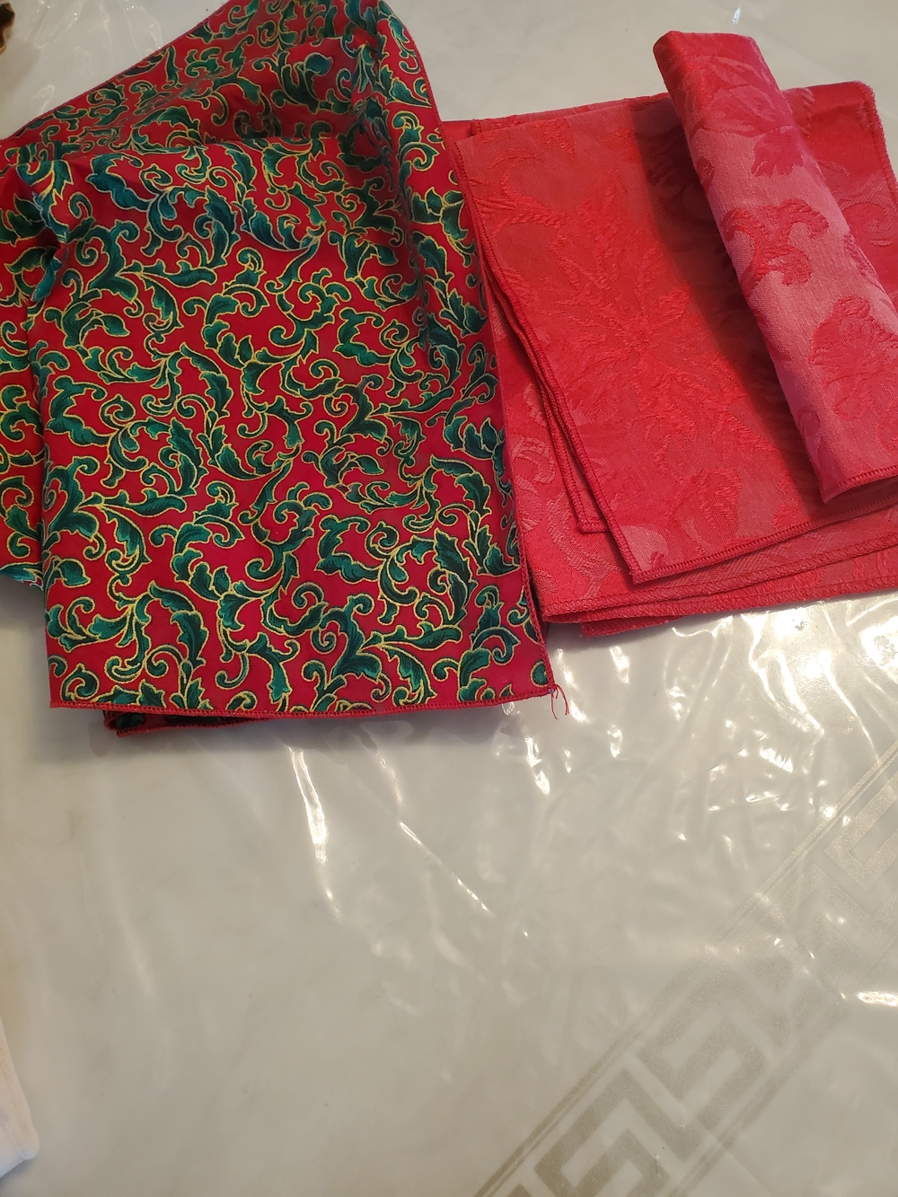 Bright Red Decorative Fabric Set with Green and Gold Scroll Pattern - Unbranded